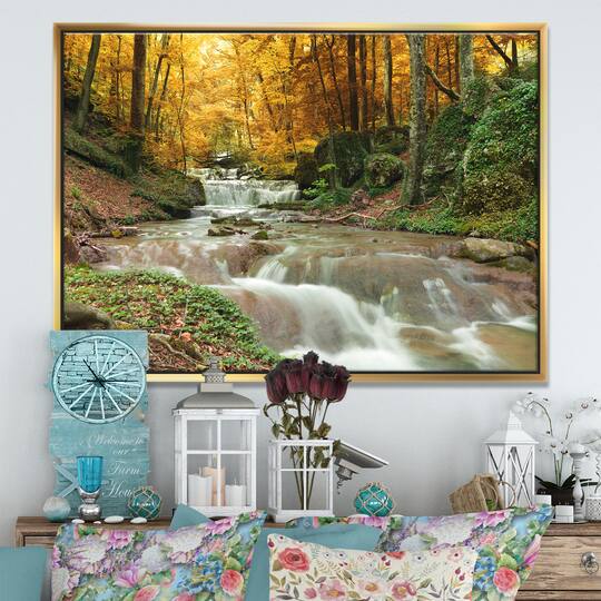 Designart - Forest Waterfall with Yellow Trees